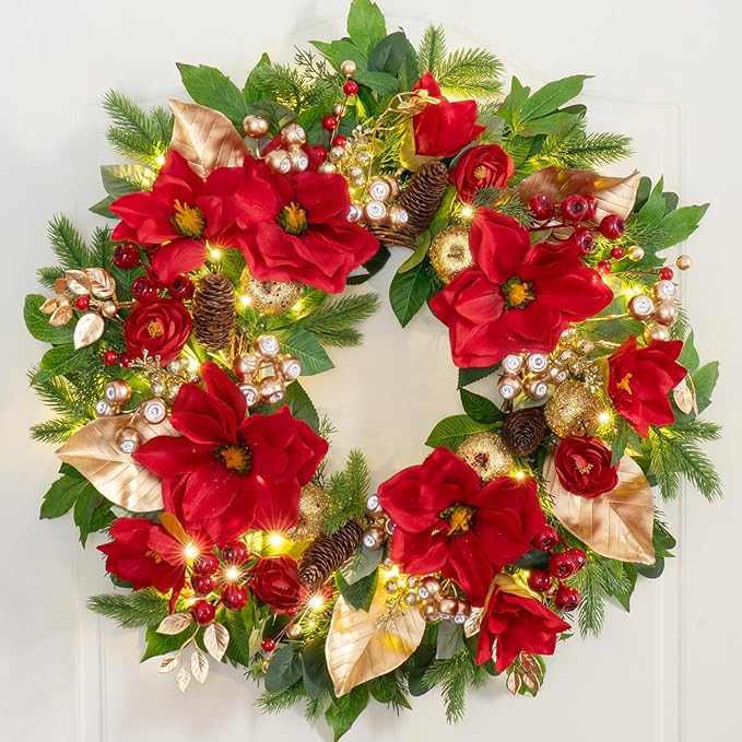 24 Inch Magnolia Christmas Wreath for Front Door, Christmas Wreath with LED Lights, Red Flowers, Red Berries, Pinecones Christmas Decorations，Winter Door Wreath for Wall Window Indoor or Outdoor