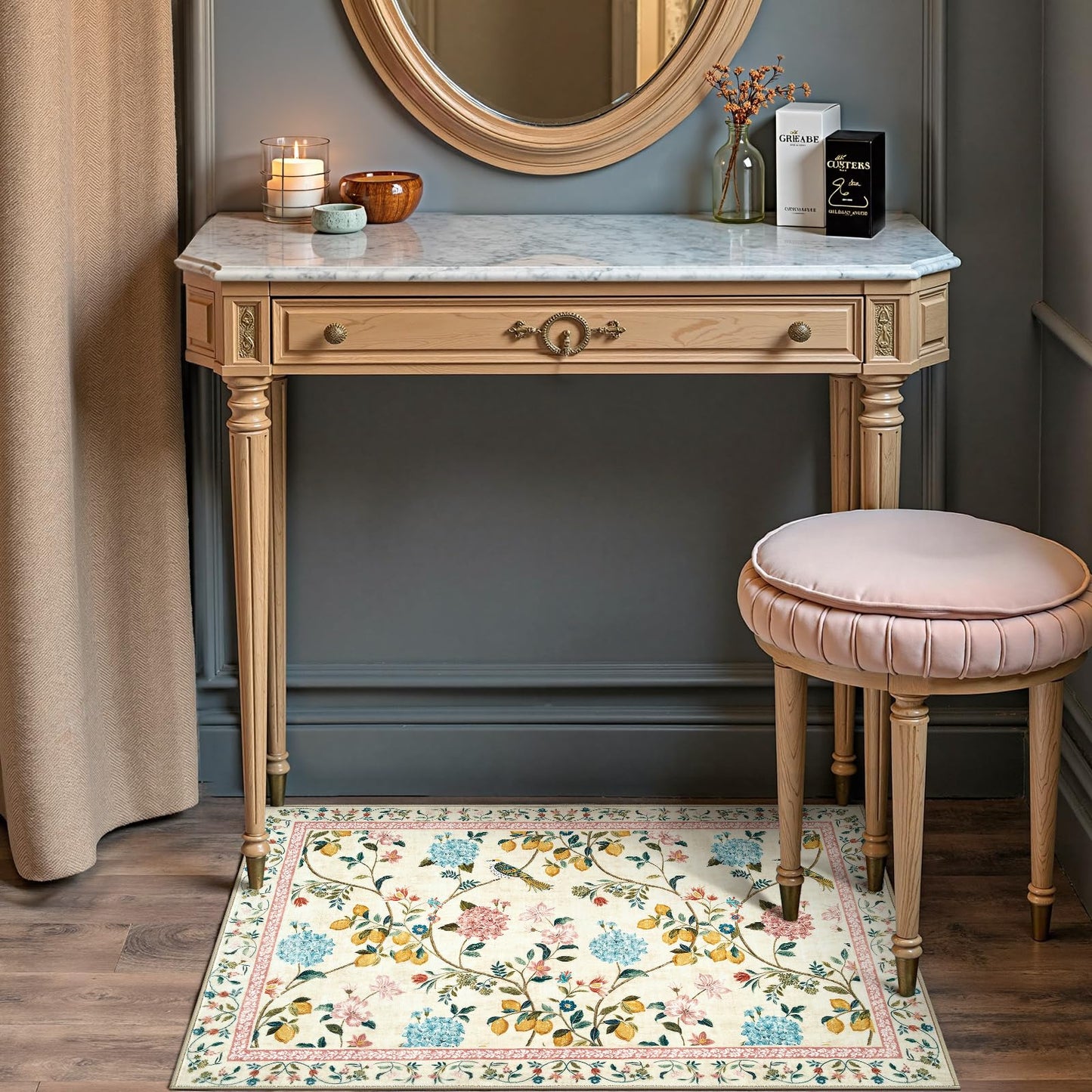 jinchan Area Rug 2x3, Floral Washable Indoor Entryway Doormat Chinoiserie Throw Non Slip, Low Pile Small Botanical Soft Rugs Retro Carpet for Bedroom Bathroom Decor Beige/Pink