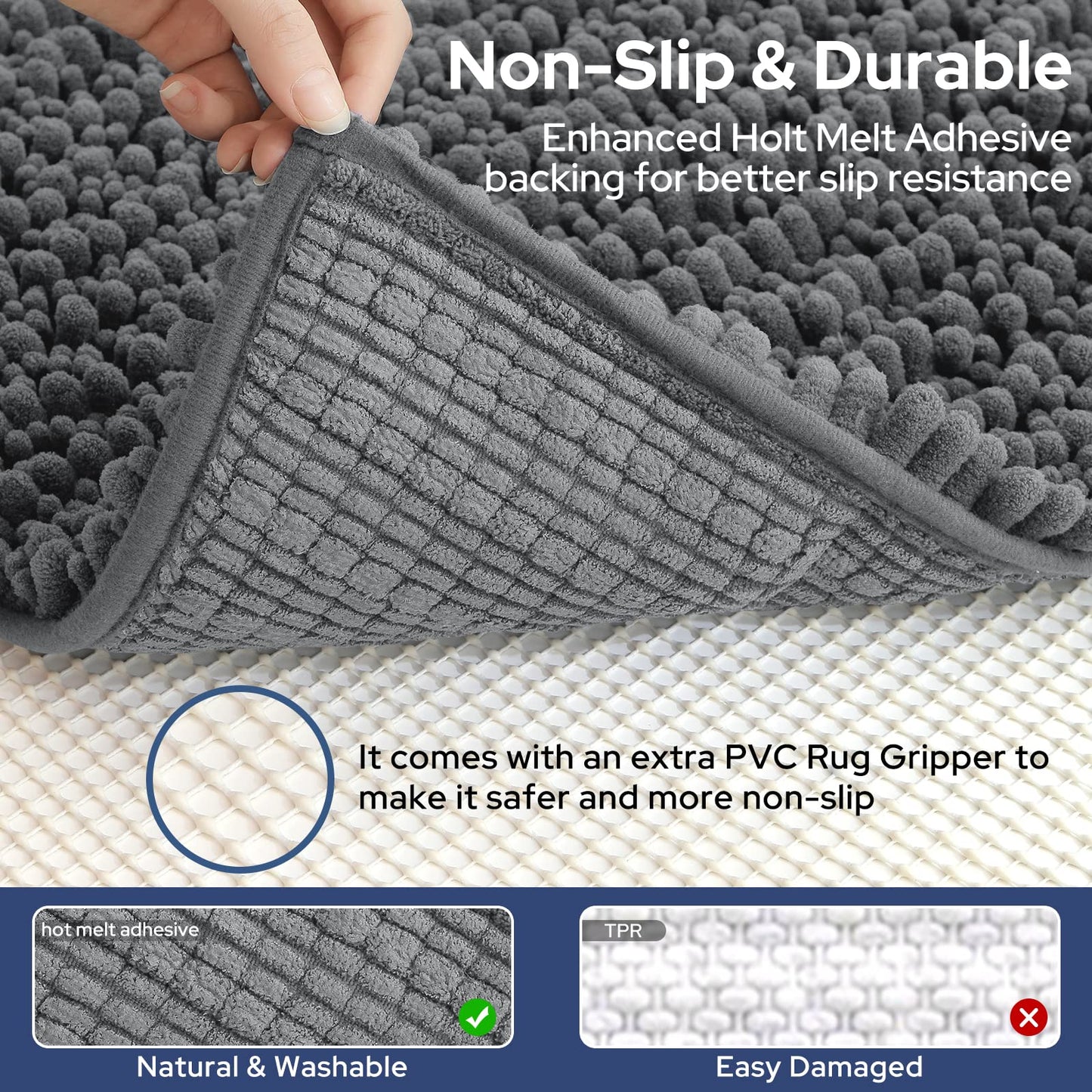 HOMEIDEAS Bathroom Rug 20x32 inch, Striped Chenille Super Soft and Absorbent Bath Mat with Non Slip Pad, Grey