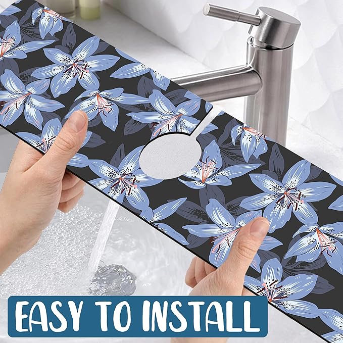 Blooming Lily Sink Splash Guard Faucet Mat Blue Lily Flowers Super Absorbent