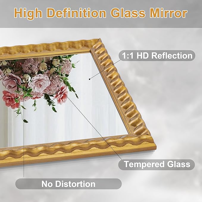 Gold Mirror for Wall Decor, 46'' X 22'' Rectangular Decorative Mirror with Textured Wavy Wood Frame, Modern Bathroom Mirror for Wall, Hang Horizontally or Vertically
