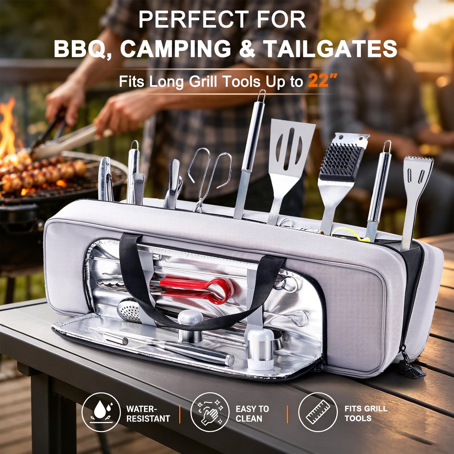 Grill Tool Bag, 22" Heavy Duty BBQ Accessories Organizer with Insulated Lining, Large Grill Utensil Organizer & Caddy for Blackstone Griddle, Camping, Tailgating, BBQ Gifts for Men (Bag Only)