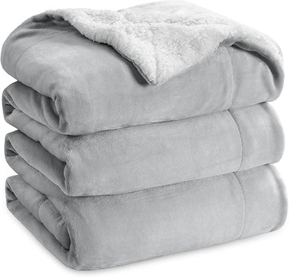 Bedsure GentleSoft Sherpa Fleece Blankets Queen Size for Bed - Thick and Warm, Soft Fuzzy Plush Queen Blanket for Winter, Light Grey, 90x90 Inches