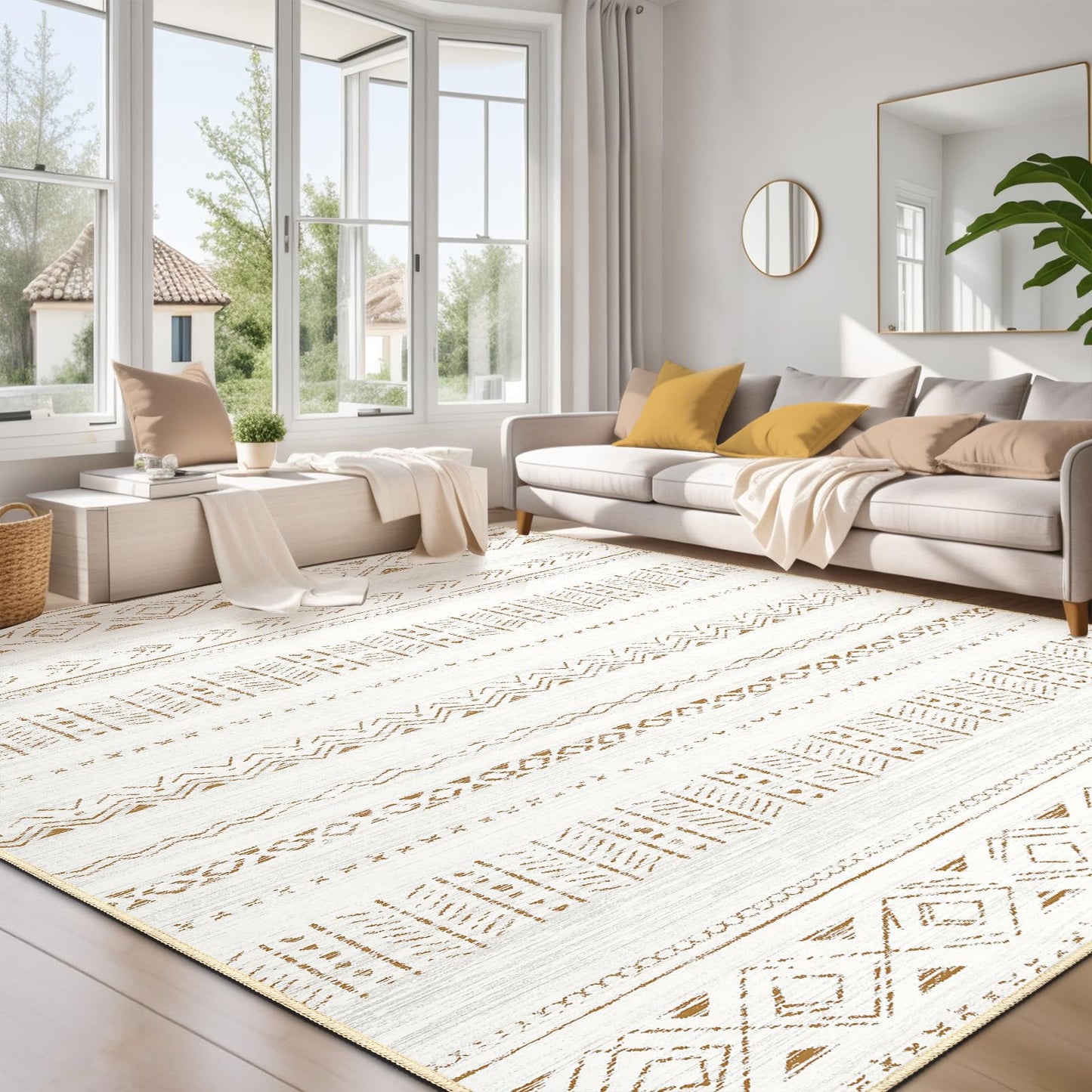 cotiled 8x10 Area Rugs Living Room Rug: Washable Boho Rugs with Non Slip Backing Large Soft Indoor Stain Resistant Carpet for Bedroom Farmhouse Dining Room Lightweight Home Decor L Brown/Cream