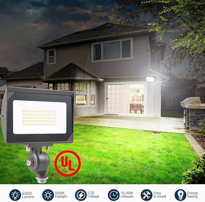 50W Outdoor LED Flood Light With 1/2" Knuckle Mount (Plate Included), 5000K Daylight 6000LM 120V, UL Waterproof LED Security FLood Lighting for Wall Wash /Sign/Flagpole/Tree/Yards/Advertising Boards