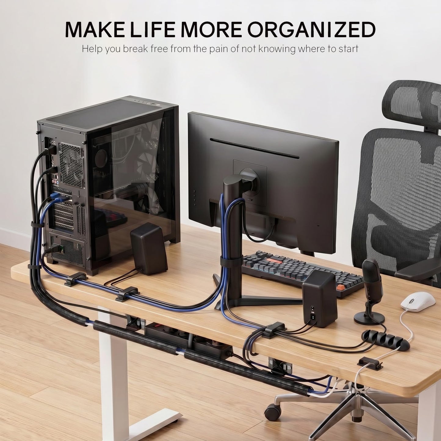 494 PCS Cable Management Kit - 4 Cable Sleeve Split, 2 Cable Organizer, 130 Adhesive Cable Clip, 6 Cable Holder, 2 Roll Cable Organizer Strap, 300 Cable Tie with 50 Mount, for Computer TV Under Desk