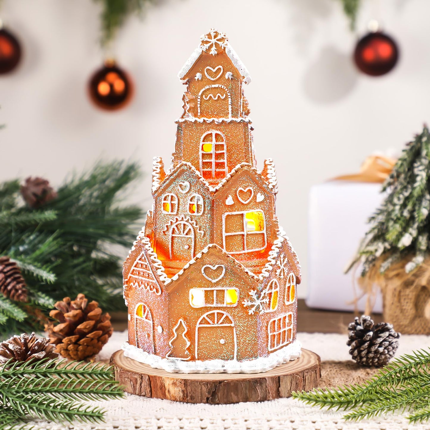 Beeveer LED Christmas Gingerbread House Decoration Resin Christmas Gingerbread Village Sets Xmas Village Collectible Figurines Home Decor Gifts 5 x 5 x 8.25 Inch