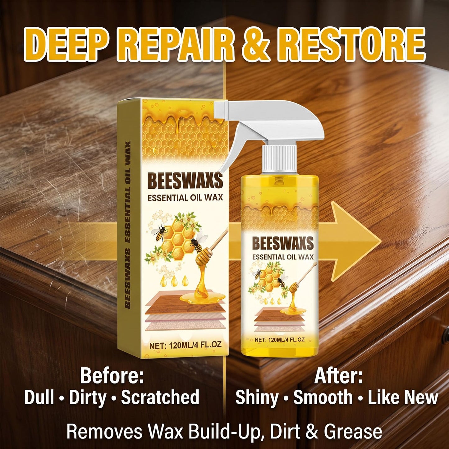 CIVGICY Beeswax Wood Polish, Beeswaxs Essential Oil Wax, Natural Micro-Molecularized Beeswax Spray, Multi-Purpose Furniture Wood Cleaner Repairing Care Spray, Restores Shine & Removes Scratches (1)