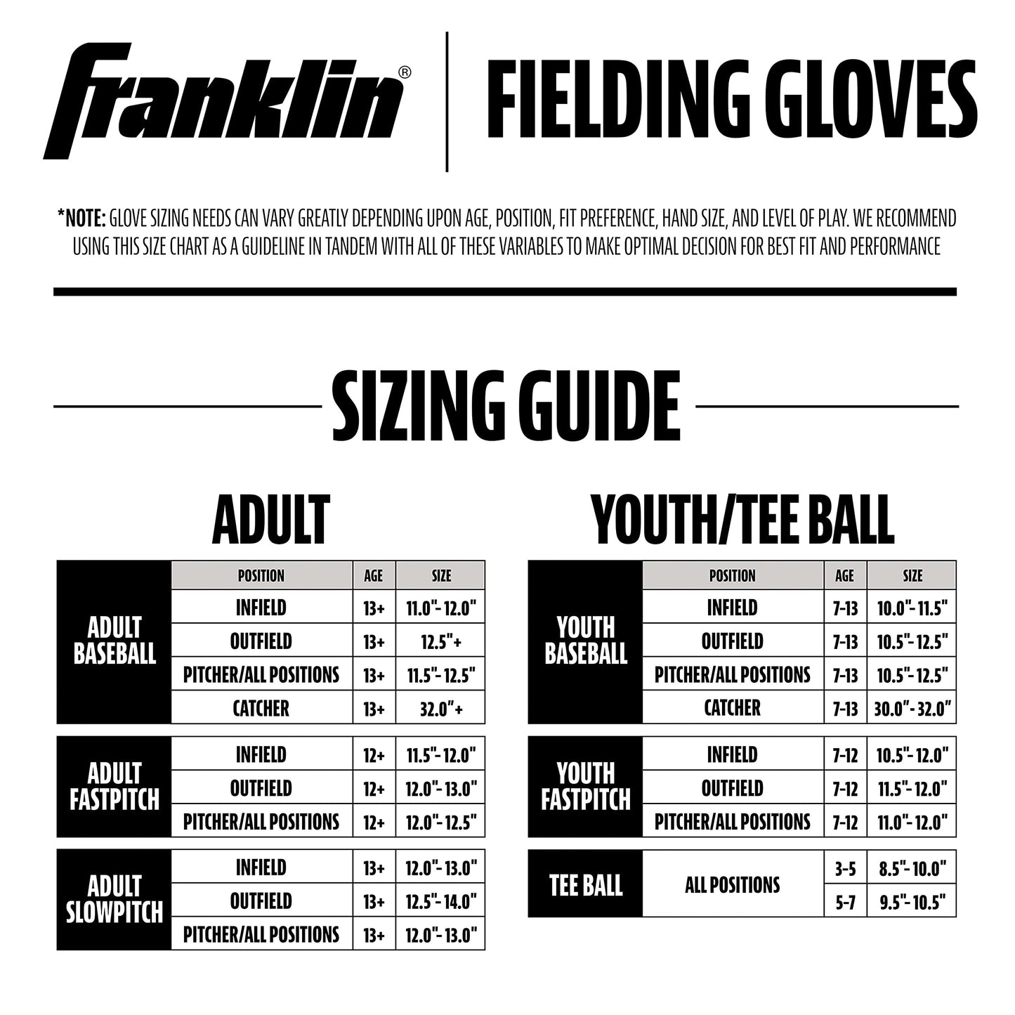 Franklin Sports Field Master Baseball and Softball Gloves for Adults, Youth, and Kids - Durable and Soft Synthetic Leather - Adjustable Fit - Left Hand Throw - 10" in. Infield - Camel Brown