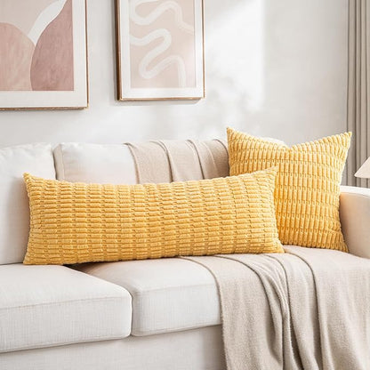 Fancy Homi 1 Pack Yellow Spring Long Lumbar Body Decorative Throw Pillow Covers 14x36 Inch for Bed Couch Bedroom Bench, Soft Corduroy Rectangle Solid Pillow Case 35x91 cm, Rustic Farmhouse Boho Decor