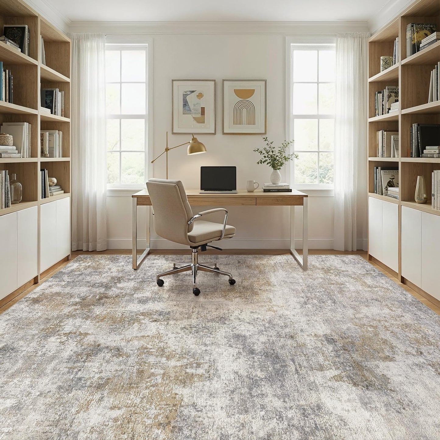 WITSHOCK Area Rugs 9x12 Living Room Rug - Washable Neutral Soft Low Pile Non-Slip Modern Abstract Thin Large Indoor Carpet for Bedroom Dining Room Nursery Office - Light Brown Grey