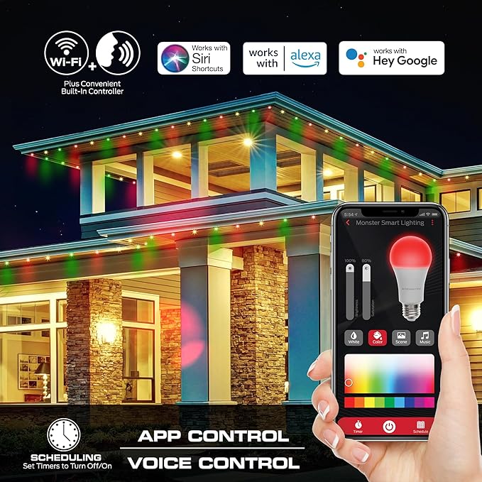 Monster Smart Permanent Outdoor Lights, 200ft, 144 LED Eaves Lights, RGB+IC+WW, Weather & Water Resistant, App & Voice Control, Compatible with Alexa & Google, Halloween, Christmas, Year-Round