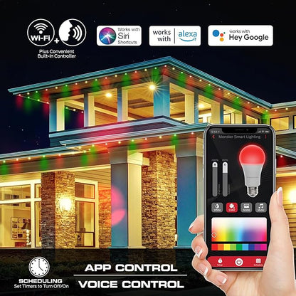 Monster Smart Permanent Outdoor Lights, 200ft, 144 LED Eaves Lights, RGB+IC+WW, Weather & Water Resistant, App & Voice Control, Compatible with Alexa & Google, Halloween, Christmas, Year-Round