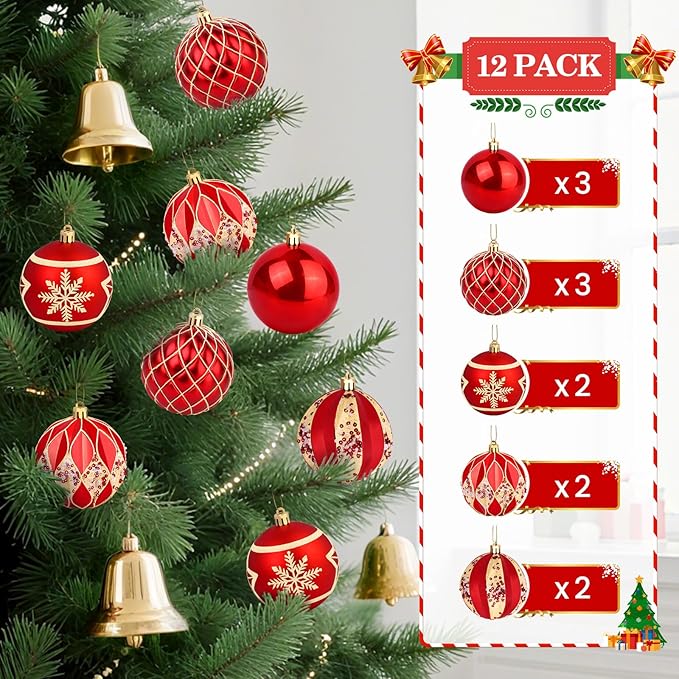 EveryMerry 12-Pack 3.1 Inch Christmas Ornaments Set - Red & Gold Ornament Balls with 5 Various Designs, Decorations with Strings, Sturdy, Kraft Box with Lid for Xmas Tree, Holiday Party & Home Decor