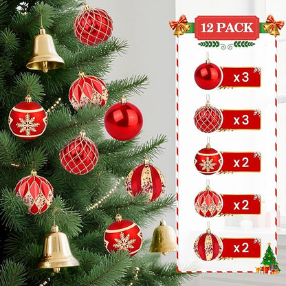 EveryMerry 24-Pack 3.1 Inch Christmas Ornaments Set - Red & Gold Ornament Balls with 5 Various Designs, Decorations with Strings, Sturdy, Kraft Box with Lid for Xmas Tree, Holiday Party & Home Decor