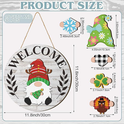 Qunclay Interchangeable Wooden Gnome Decor Holiday Seasonal Gnome Decorations with Magnet Pieces and Detachable Hats Changeable Welcome Sign for Home (Grey and White)