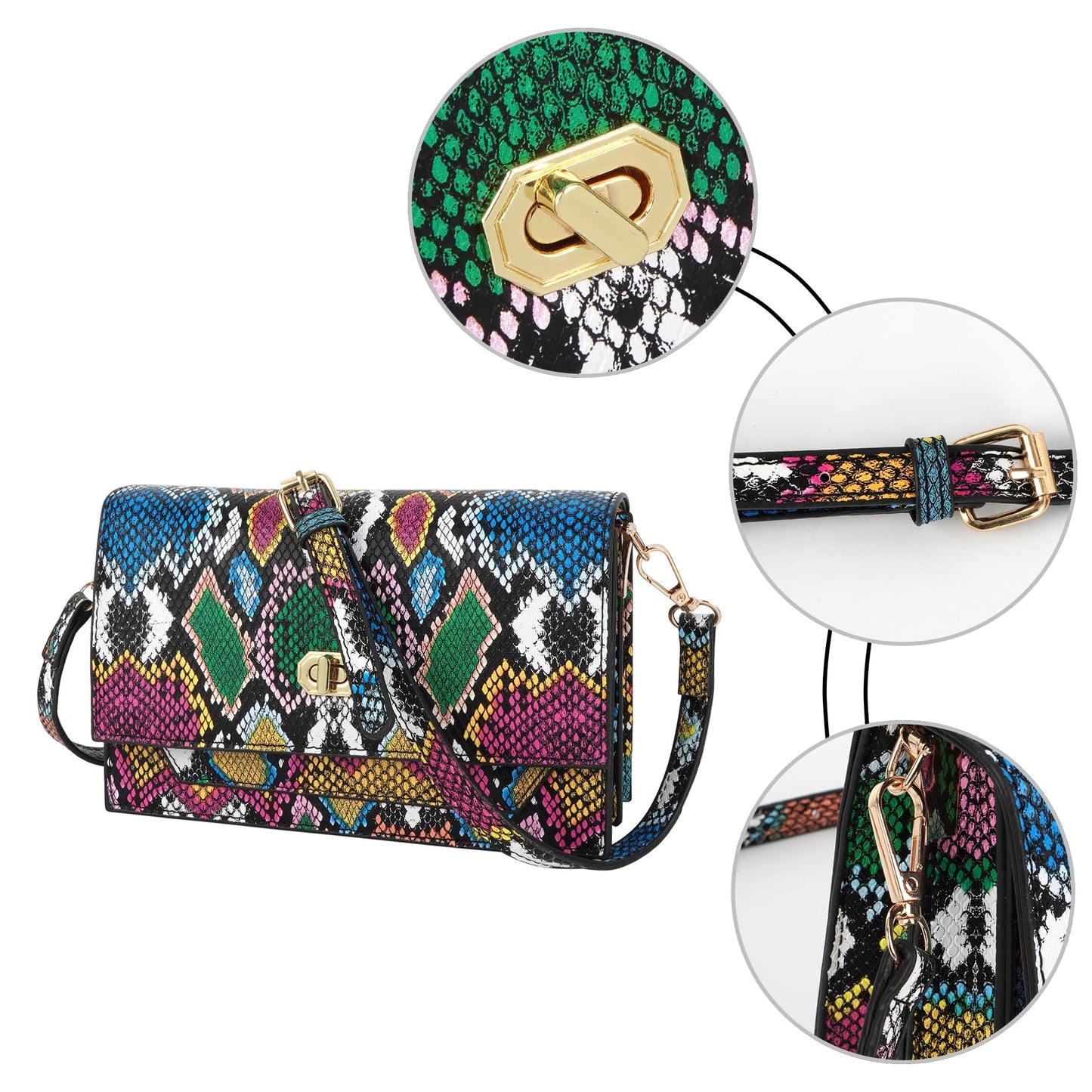 CLARA Women Fashion Snakeskin Pattern Clutch Handbag Envelope Bag Pompom Shoulder Bag Evening Party