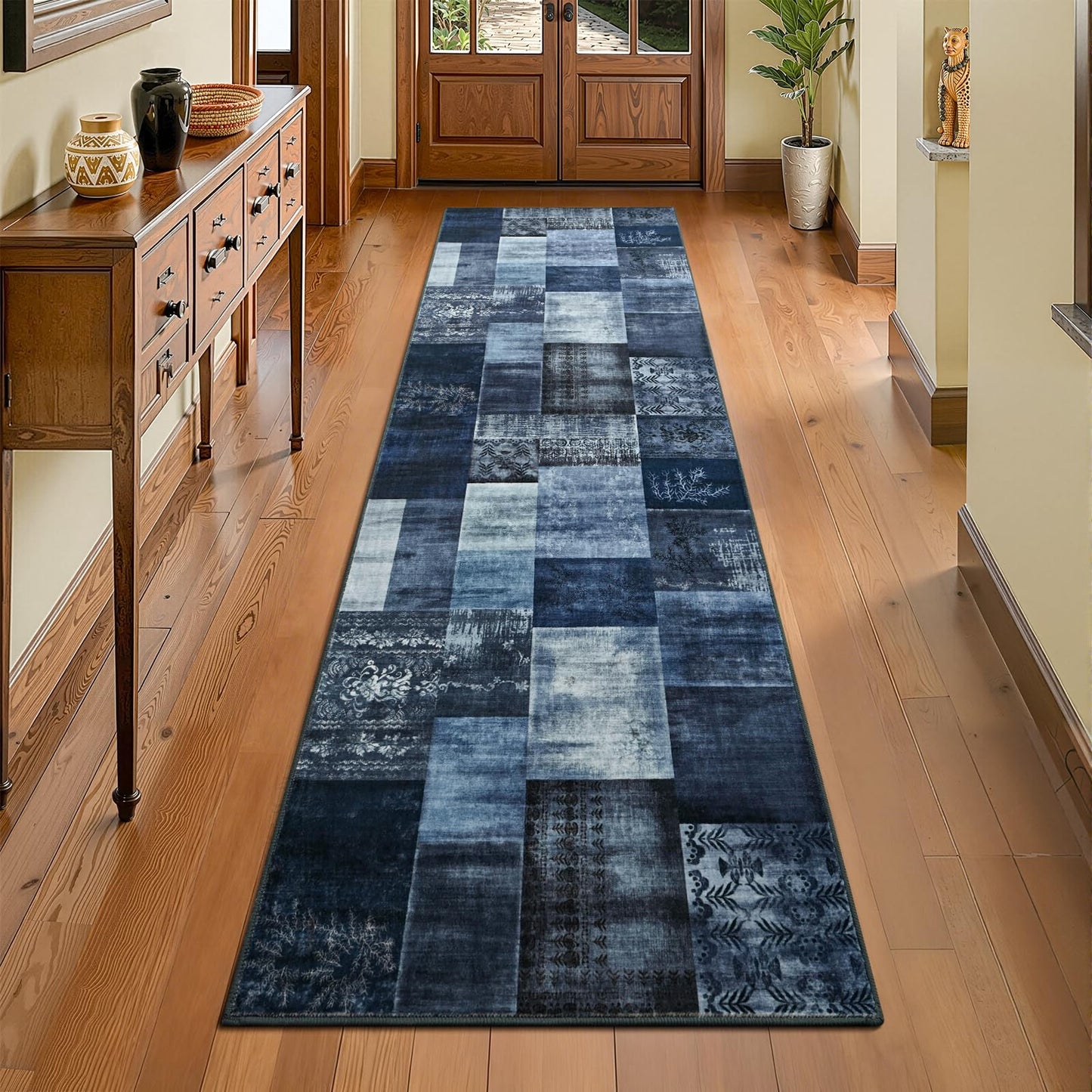 DweIke Runner Rug for for Hallways, 2'x6' Washable Kitchen Rugs with Non Slip Rubber Backing, Soft Low Pile Non-Shedding Geometric Carpet for Laundry Bedroom Bathroom, Navy Blue