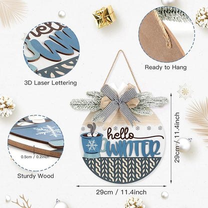 TOARTi Hello Winter Welcome Door Wreath with Bow Pine(11.4''x11.4''), Rustic Coffee Cup Snowflake Sign Hanging, Farmhouse Home Kitchen Cafe Wooden Decoration for Christmas Winter Housewarming Gift