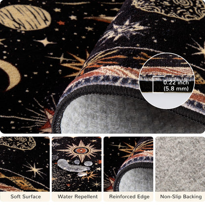 meejou 8x10 Area Rugs, Washable Vacuum-Friendly Non-Slip Rug Vintage Boho Gothic Sun and Moon Printed Pattern Low Pile Carpet for Living Room Bedroom Dining Room Hallway Entryway,Black Gold Beige Red
