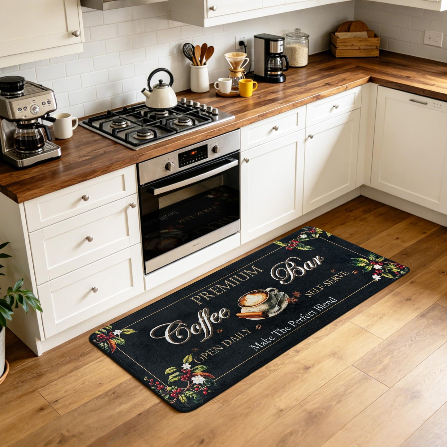 XSYarn Coffee Kitchen Rug, 20"x48" Coffee Bar Rug Low-Pile Kitchen Runner with Non-Slip TPR Backing Washable Floor Mat Home Decor Black