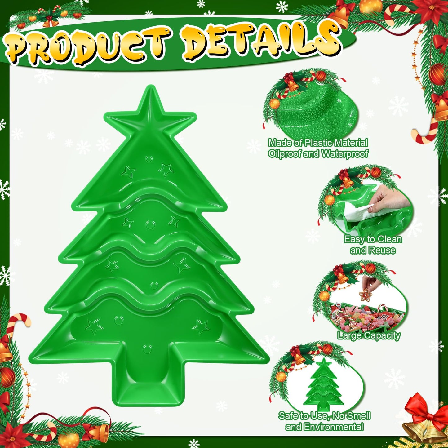 SiliFine Christmas Tree Shaped Serving Tray Divided Plastic Charcuterie Serving Plates Dishes with Compartments Xmas Party Decorations for Snacks Desserts Holiday Xmas Gift(10.2'', Green)