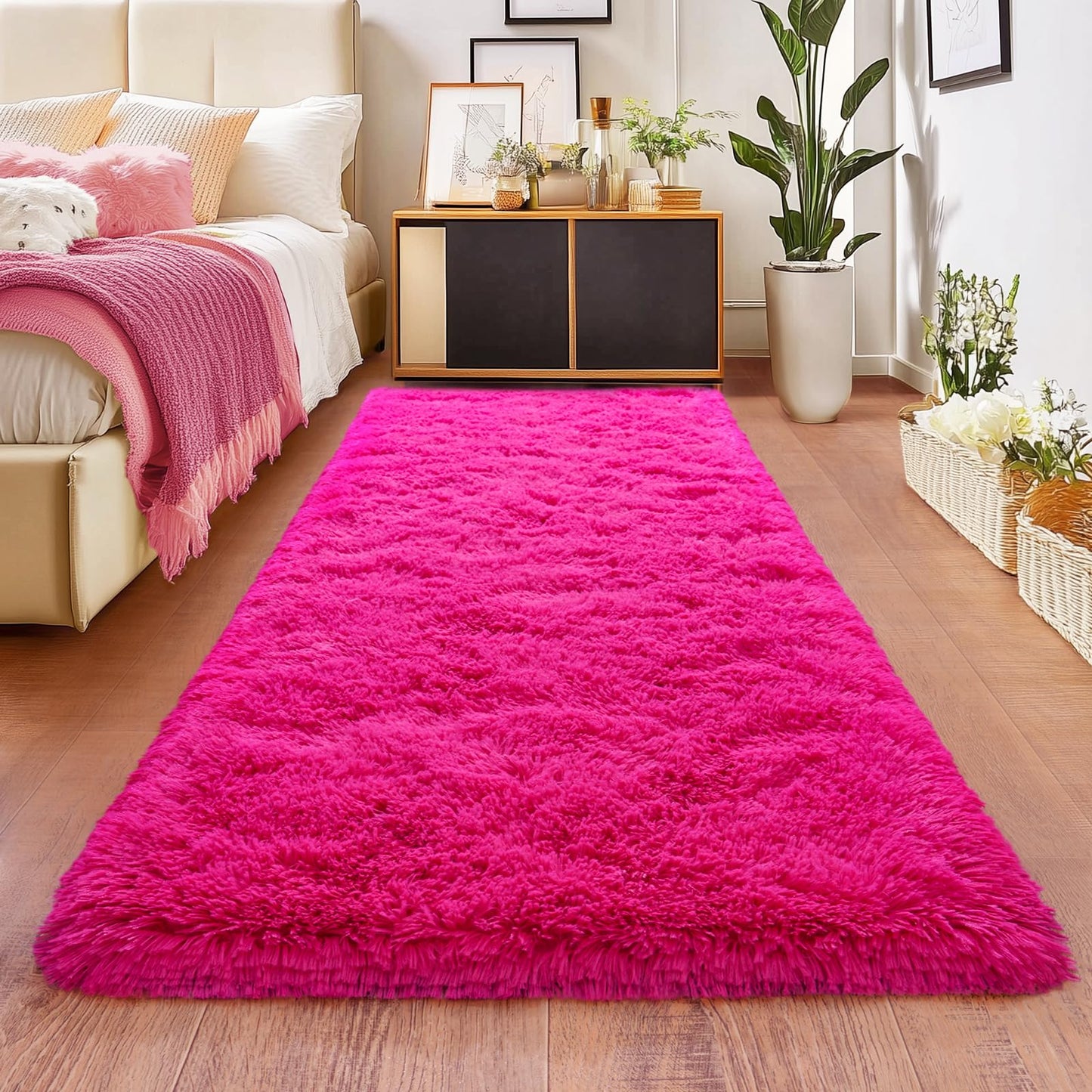 Hot Pink Runner Rug for Hallway, Bedroom Bedside Plush Rugs, Non Slip Fluffy Shaggy Carpet for Kids Home Decor, Dorm Nursery 2x6 Ft