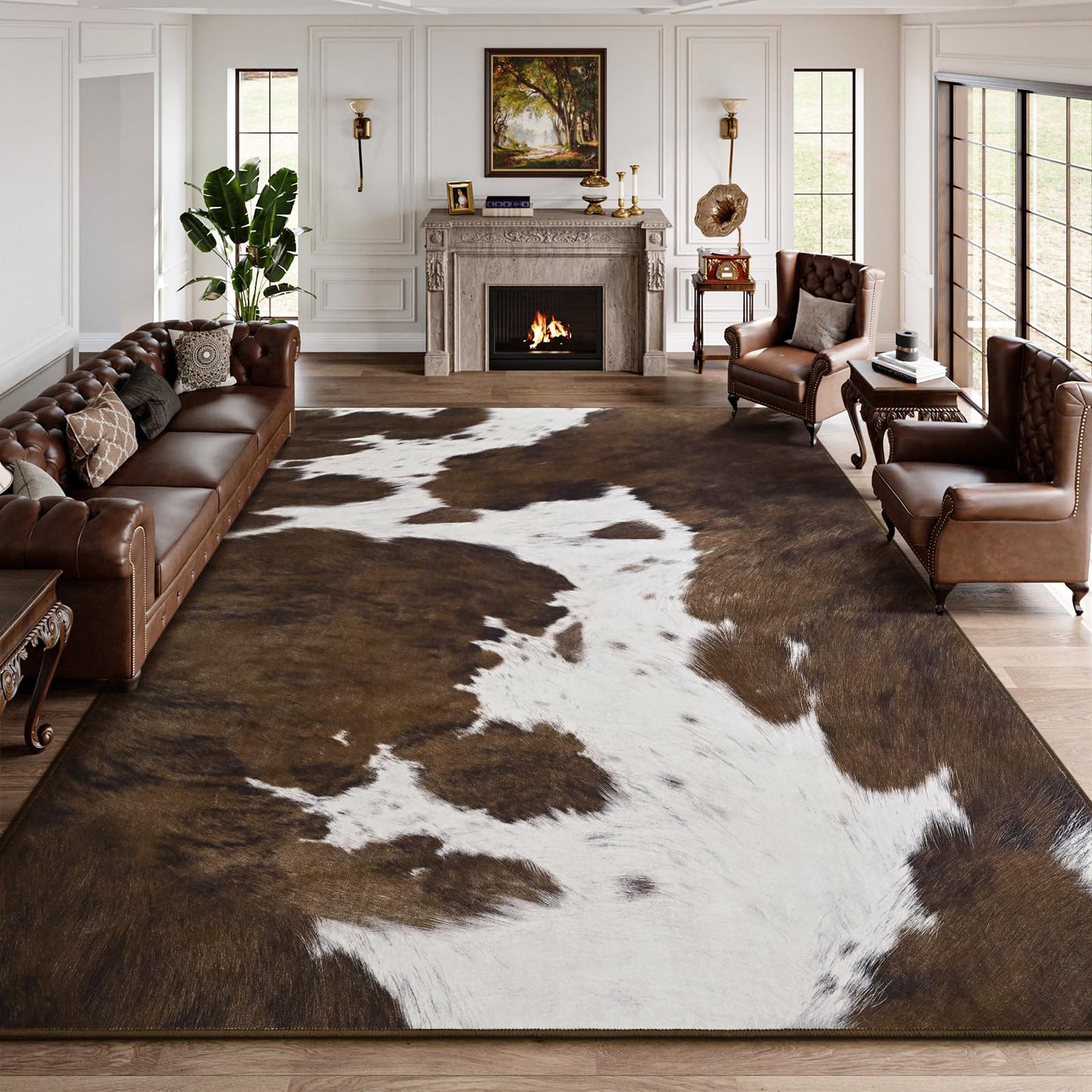 DweIke Cow Print Rug 4x6 – Brown Faux Cowhide Rugs, Washable Soft Non-Slip Stain Resistant Animal Cow Hide Carpet for Living Room Bedroom Dining Room Office, Western Home Decor