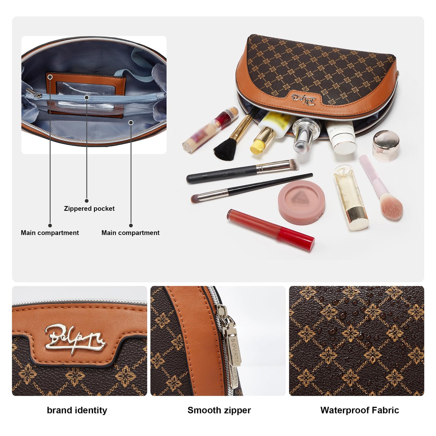BOYATU Vegan Leather Cosmetic Bag: Refined Pattern Pouch with Built-In Tethered Pull-Out Mirror - Quick Touch-Ups Anywhere - Compact&Lightweight Easy to Carry(010-coffee)
