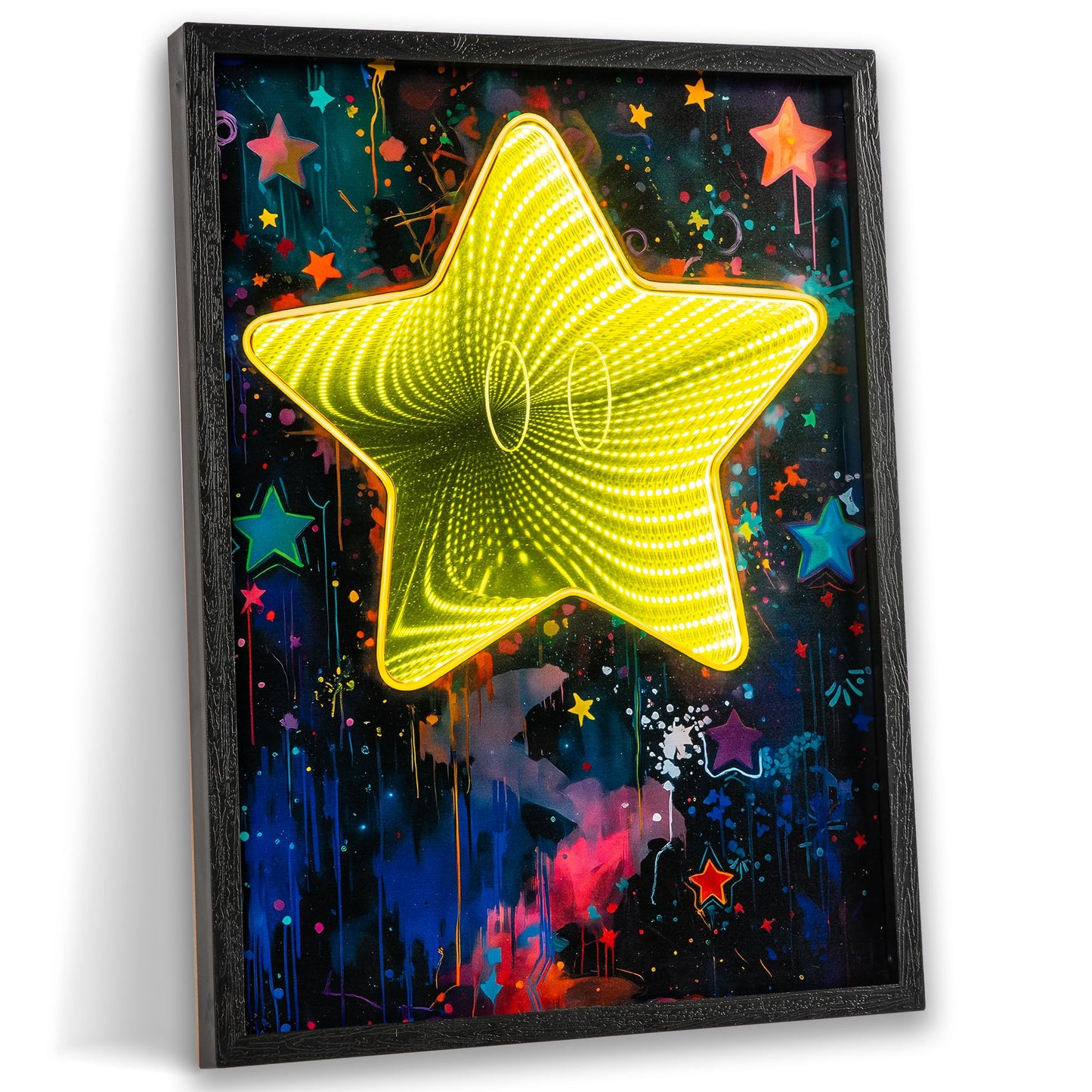 Framed Graffiti Star Wall Decor with Infinity Mirror Light, 3D LED Dimmable Retro Setup Gaming Wall Decor, Poster Artwork Theme Wall Art, for Bedroom Living Room Office Game Room Decor 12x16 Inch