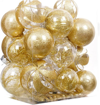 XmasExp 32ct Christmas Ball Ornaments Set -Gold Clear Plastic Shatterproof Xmas Tree Ball Decorations Hanging Baubles for Holiday Decor