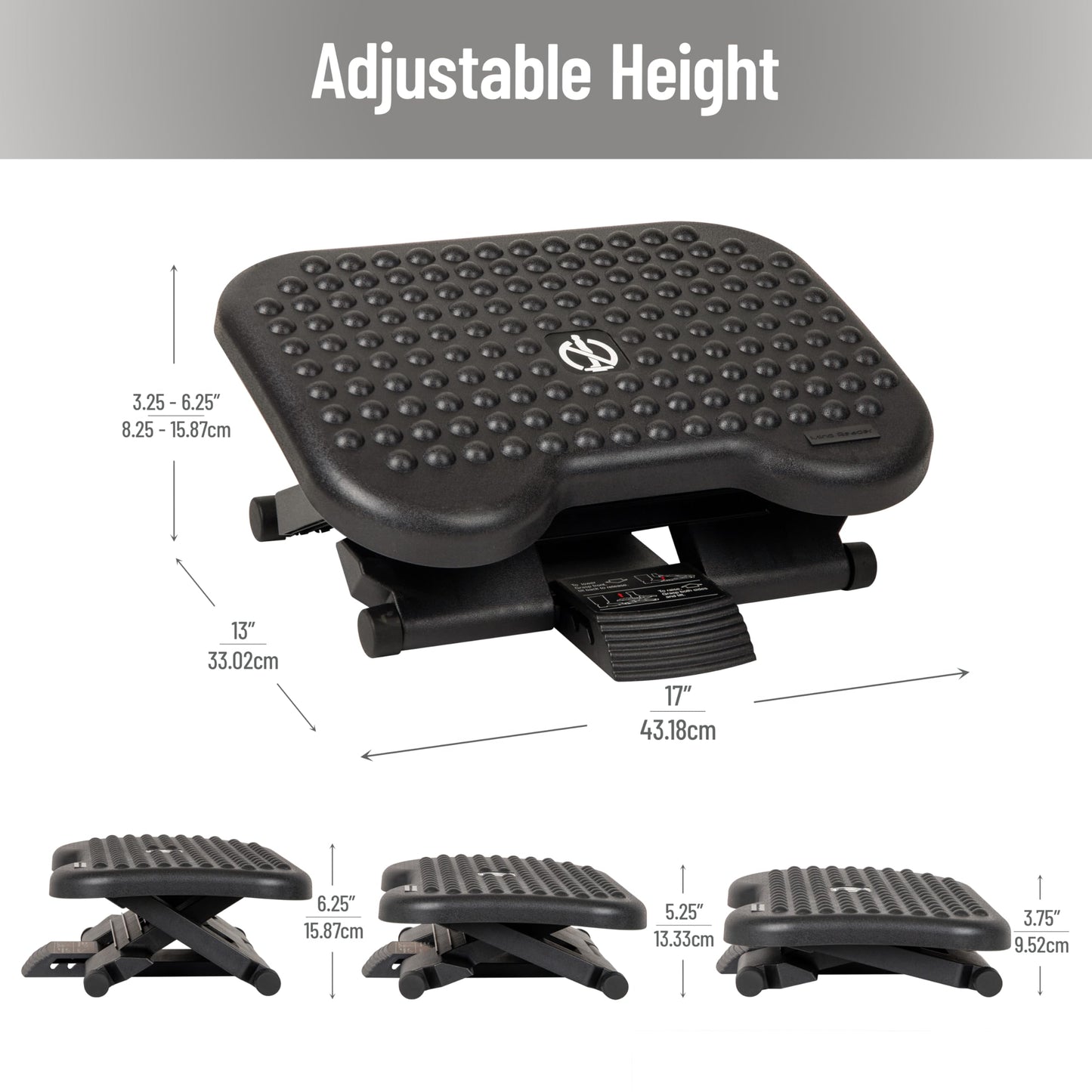 Mind Reader Foot Rest, Under Desk at Work, Ergonomic, Height Adjustable, Office, Plastic, 17"L x 13"W x 6.25"H, Black