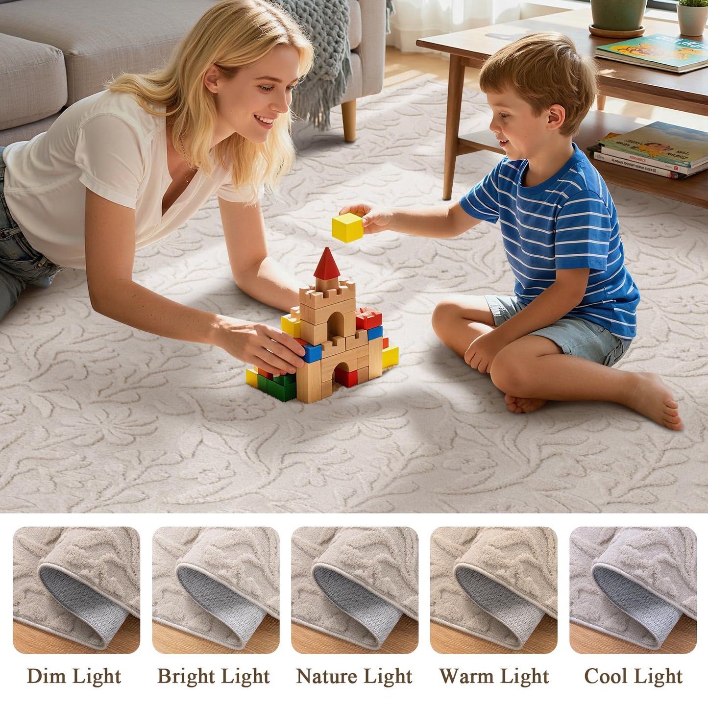 Vaukki 5x7 Area Rug for Living Room, Soft Fluffy Washable Modern Floral Indoor Floor Mat, Non Slip Shaggy Boho Accent Throw Carpet for Bedroom, Living Room, Nursery and Dining Room, Beige