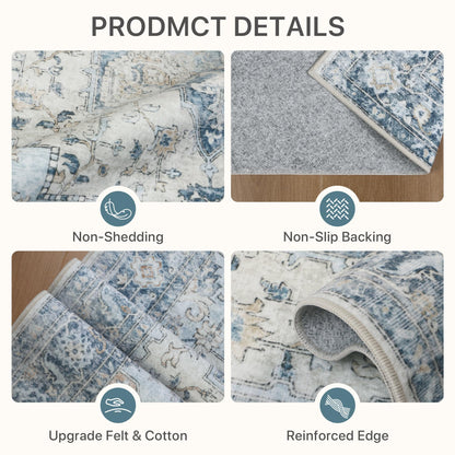 BESBLEE 9x12 Area Rugs for Living Room, Machine Washable Non Slip Vintage Rugs, Low Pile Lightweight Print Rug for Bedroom, Dining Room, Home Office, Blue