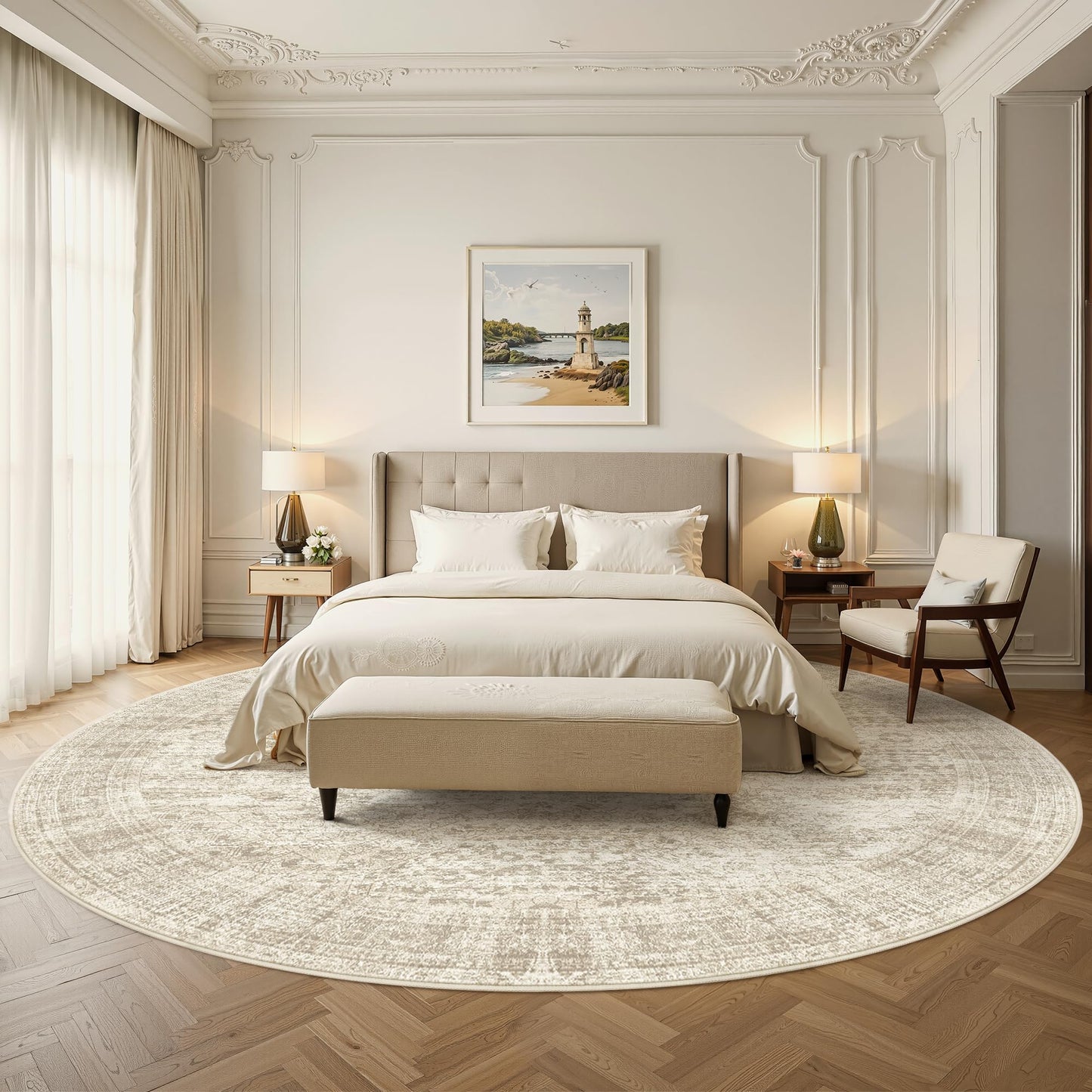 Soalmost 8x8 Beige Round Rug 8ft Living Room Circle Rug Vintage Round Area Rug Non Slip Indoor Carpet for Apartment