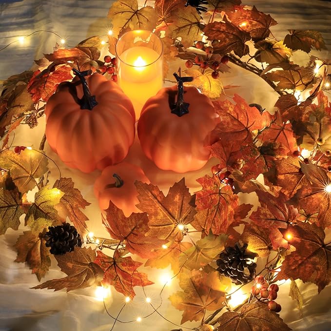 6 Ft Artificial Fall Garland with Lights - Autumn Maple Leaf f Thanksgiving Decor Hanging Vine Autumn Foliage Garland Used for Home Wedding Party Decor