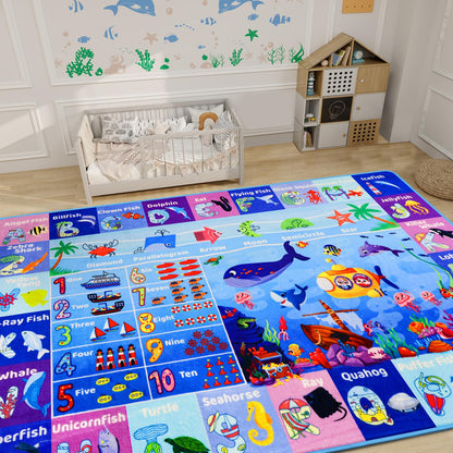 Mfmiudole Ocean Educational Kids Learning Rug with ABC Alphabet, Sea Animals, Numbers & Shapes, Interactive Preschool Play Carpet for Classroom Nursery Homeschool, Non-Slip Rug, 5' x 3'3"