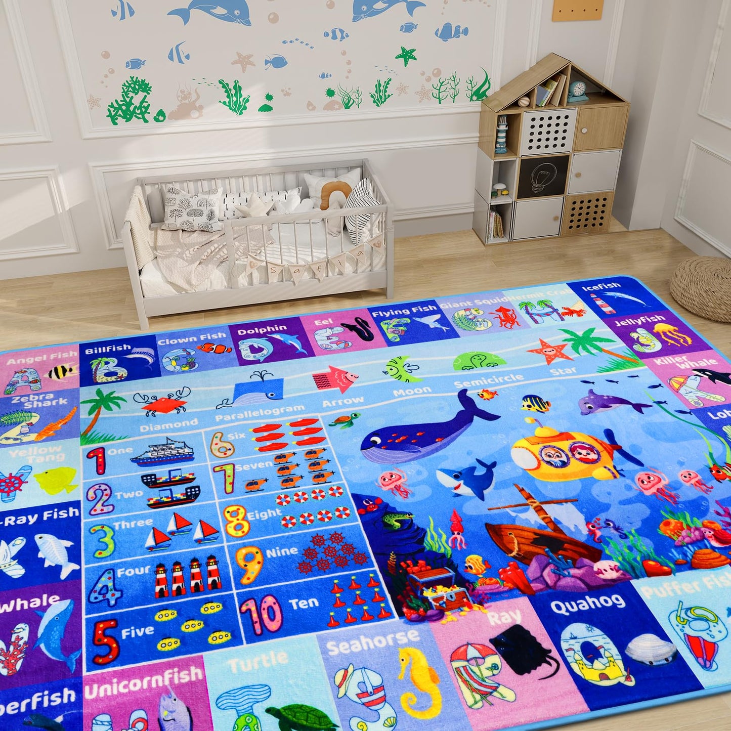 DINSUMRUG 3'3"×5' Interactive Ocean World Learning Rug with ABC, Sea Animals, Numbers & Shapes for & Preschoolers, Washable Non-Slip Carpet for Playroom, Nursery & Homeschool