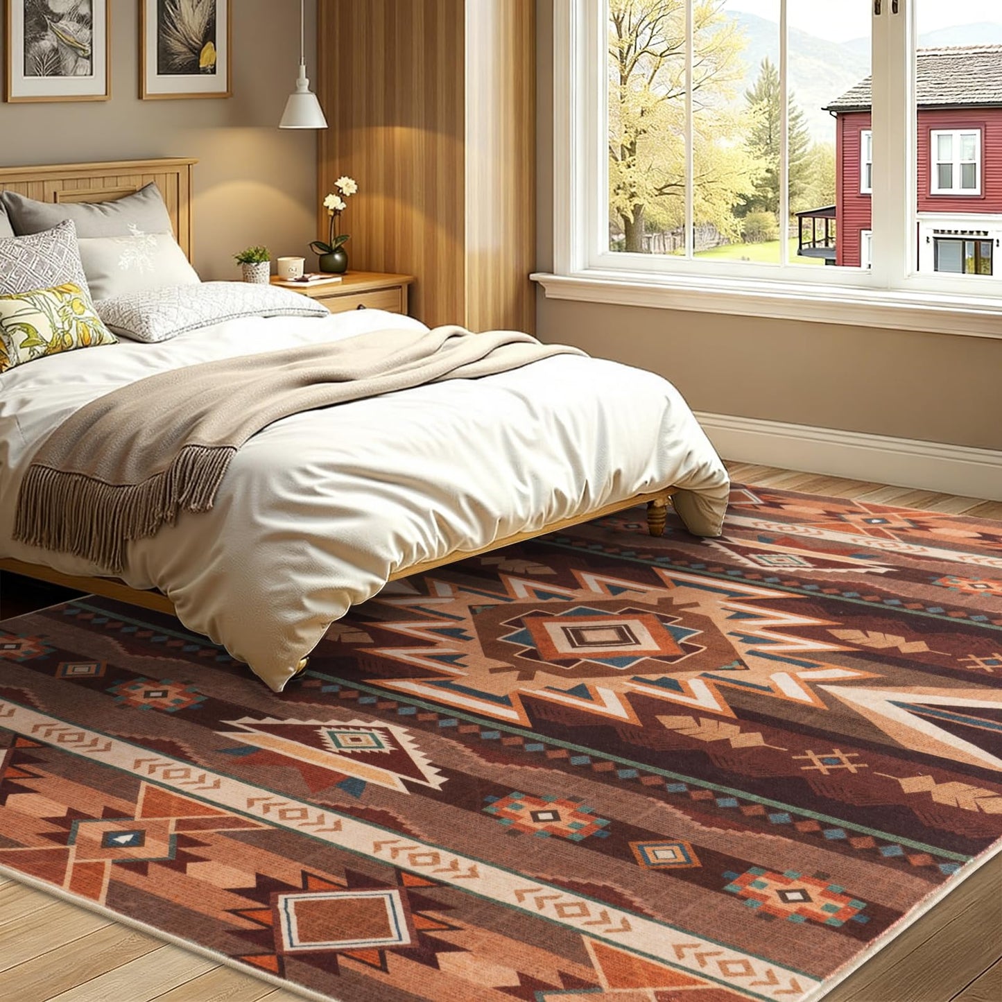 Western Rug for Living Room, 5x7 Non Slip Low Pile Aztec Rug for Bedroom, Dining Room Rugs for Under Table, Office, Machine Washable Area Rugs, Red Brown