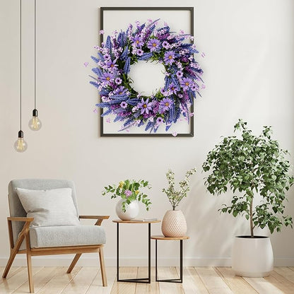 Sggvecsy Lavender Wreath for Front Door 22 Inch - Purple Daisy Spring Summer Artificial Wild Flower Greenery Leaves for All Seasons - Farmhouse Home Wall Indoor Outdoor Window Decor