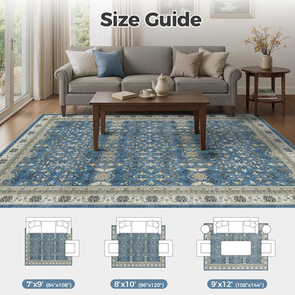 WITSHOCK Living Room Rug 8x10: Vintage Distressed Oushak Boho Farmhouse Retro Antique, Dining Room Rugs for Under Table, Bedroom Nursery Playroom, Ultra Soft Non-Slip Washable Stain Resistance, Blue