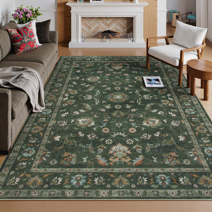 Hedlive 6' x 9' Vintage Floral Area Rug, Washable Green Living Room Rug with Non-Slip Backing, No Shedding, Stain Resistant Carpet for Bedroom Dining Room Under Table Home Office Apartment