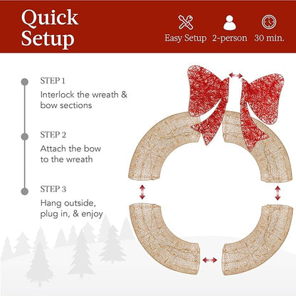 Best Choice Products 60in Pre-Lit Outdoor Christmas Wreath Decoration, LED Metal Holiday Decor for Home Exterior, Garden w/ 206 Lights, Bow - Gold/Red