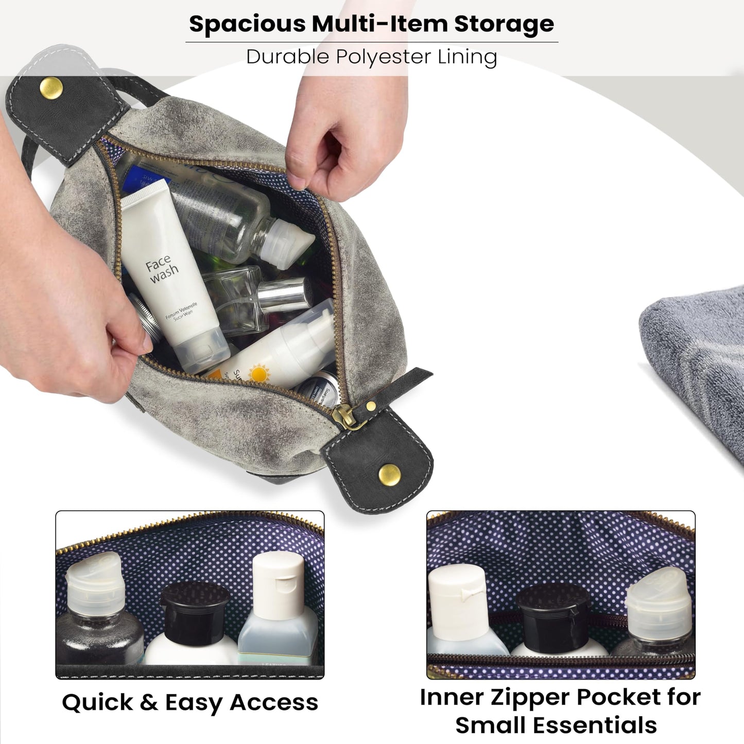 LEATHER VILLAGE Genuine Leather Dopp Kit for Men & Women with Waterproof Lining – Distressed Travel Toiletry Bag, Shaving & Bathroom Essentials Organizer - Distressed Grey