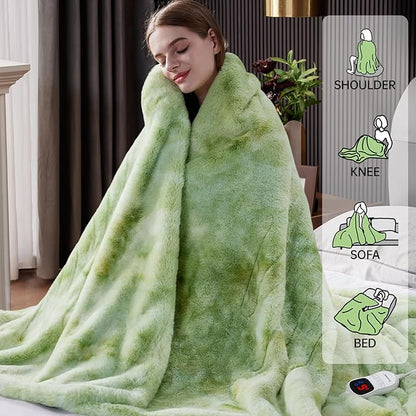 Guohaoi Heated Blanket Electric Throw, Soft Faux Rabbit Fur Electric Blanket with 10 Heating Levels 5 Sitting Timer Auto Off, Cozy Warm Heating Blankets, Machine Washable(84"×90" Light Green)
