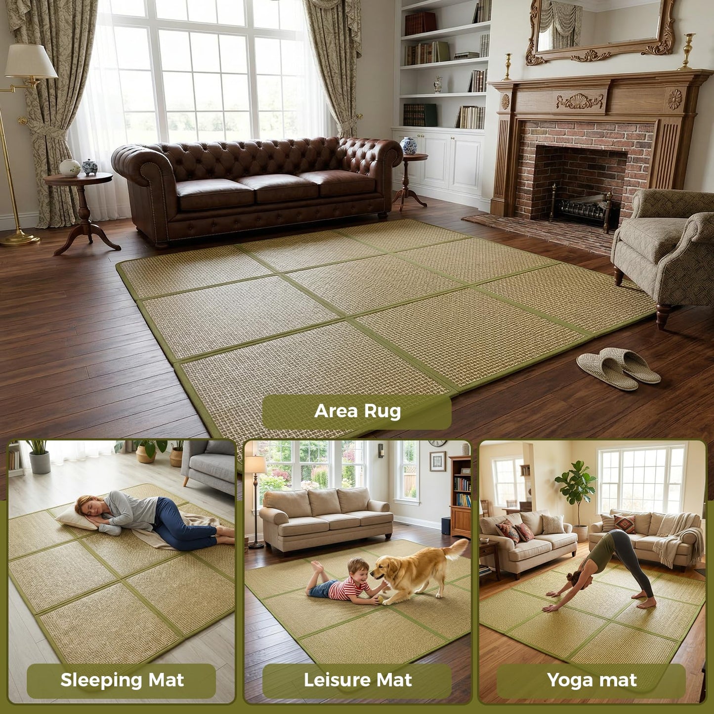 71'' x 71'' Large Japanese Tatami Mat, 0.47'' Thickness Foldable Thickness Rattan Japanese Floor Mats with Storage Bag, Non-Slip Breathable Memory Foam Area Rug Living Room Bedroom Yoga (Green)