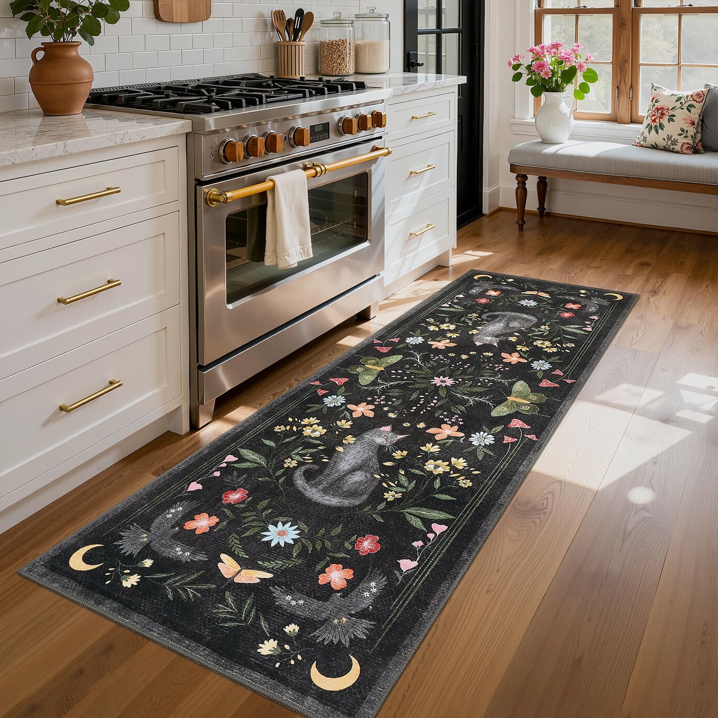 GarveeHome 2x6 Cat Washable Runner Rug for Kitchen, Soft Black Hallway Runner Non Slip Mushroom Moths Entryway Rug Floral Laundry Mat Stain Resistant Carpet for Bedroom Bathroom Beside Rug