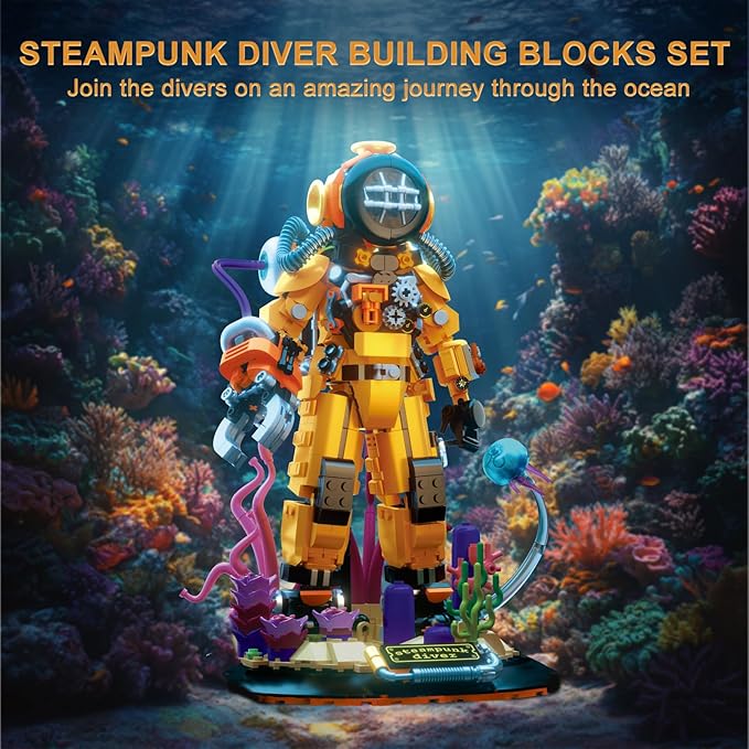 Steampunk Diver Building Set for Adults Deep Sea Diving Explorer Model Cool Diver Robot Collectible Display Model Creative Building Toy Gifts (1287 Pieces