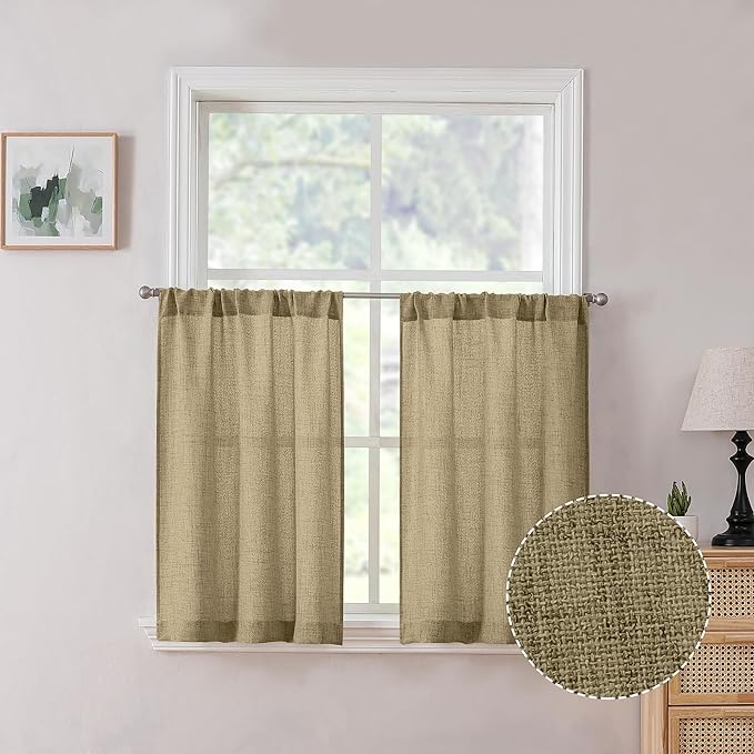 Tollpiz Short Linen Tier Curtains Rod Pocket Semi Sheer Half Kitchen Curtain Burlap Light Filtering Thick Linen Drapes for Bathroom, 30 x 24 inches Long, Taupe, Set of 2 Panels