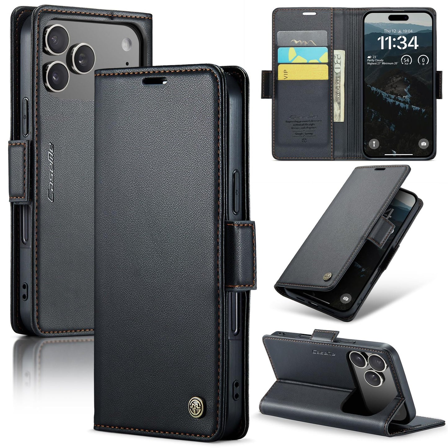 SINIANL Leather for iPhone 17 Pro Max Case Wallet, PU Leather Wallet Case Flip Folio RFID Blocking Card Holder Stand Phone Cover for iPhone 17 Pro Max, Black